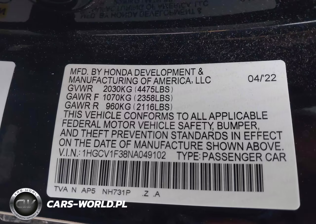 2022 Honda Accord Sport VIN:1HGCV1F38NA049102 - 9