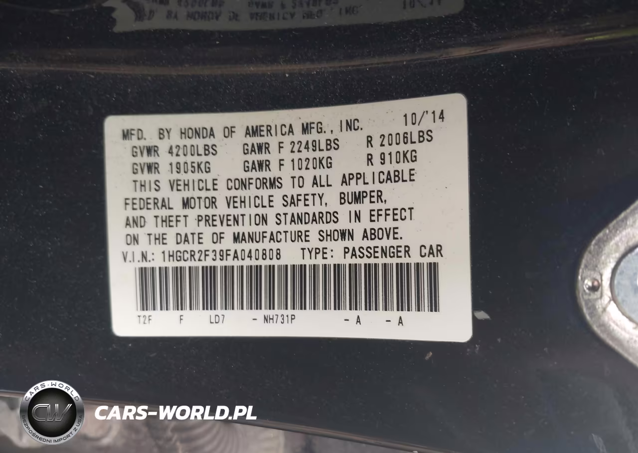 2015 Honda Accord Lx VIN:1HGCR2F39FA040808 - 9