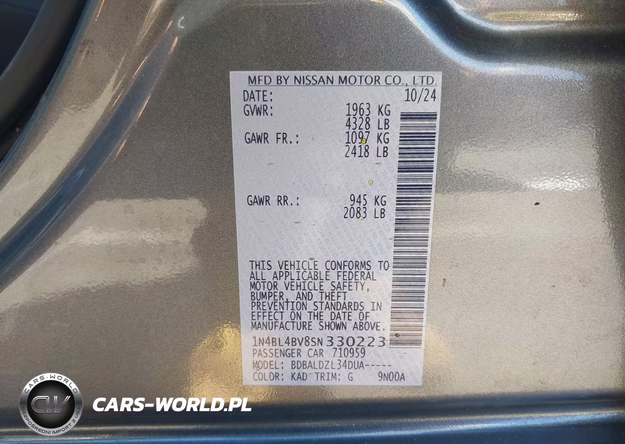 2025 Nissan Altima S Fwd VIN:1N4BL4BV8SN330223 - 9
