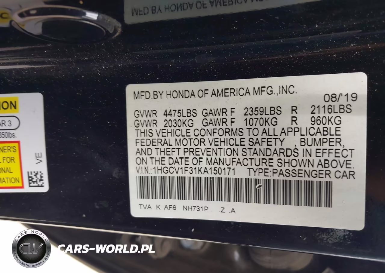 2019 Honda Accord Sport VIN:1HGCV1F31KA150171 - 9