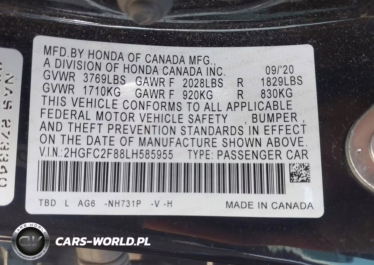 2020 Honda Civic Sport VIN:2HGFC2F88LH585955 - 9