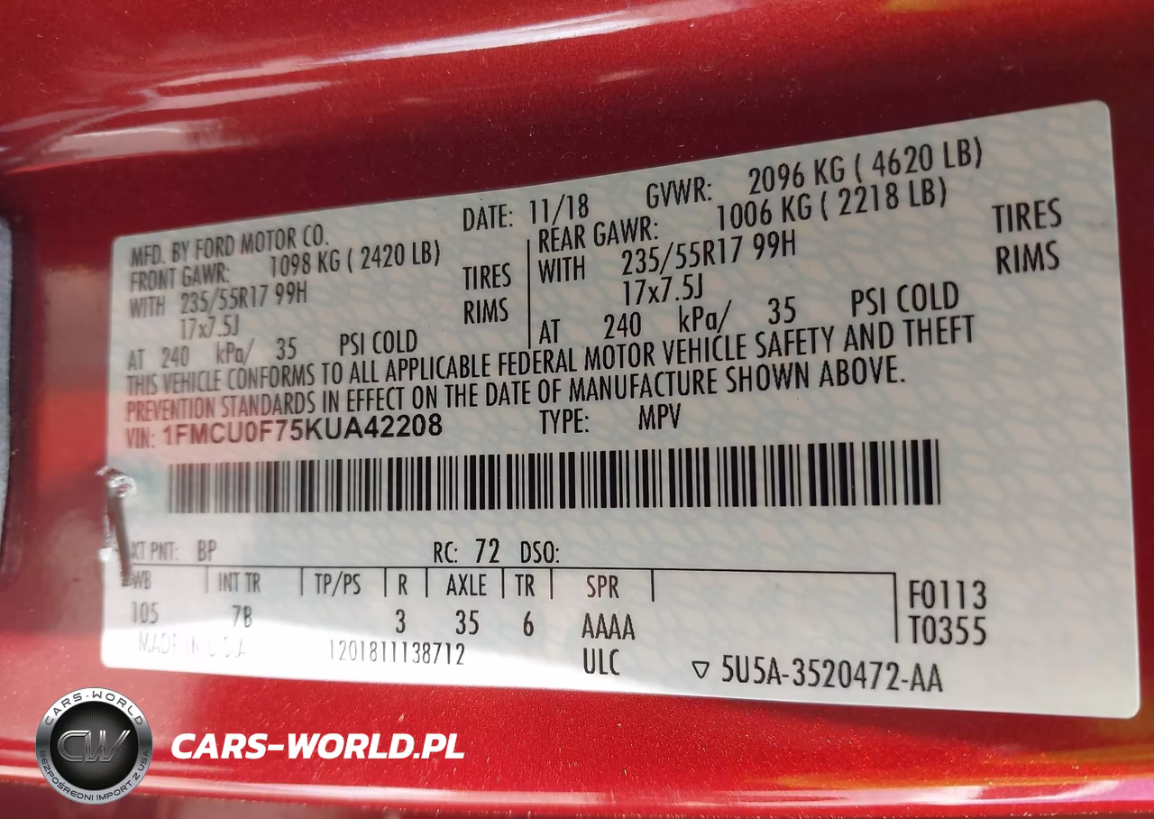 2019 Ford Escape S VIN:1FMCU0F75KUA42208 - 9
