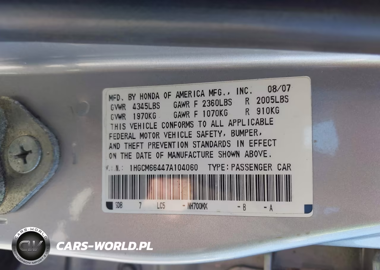 2007 Honda Accord 3.0 Se VIN:1HGCM66447A104060 - 9