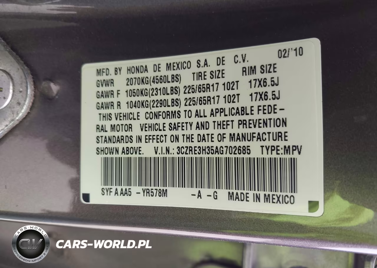 2010 Honda Cr-V Lx VIN:3CZRE3H35AG702685 - 9