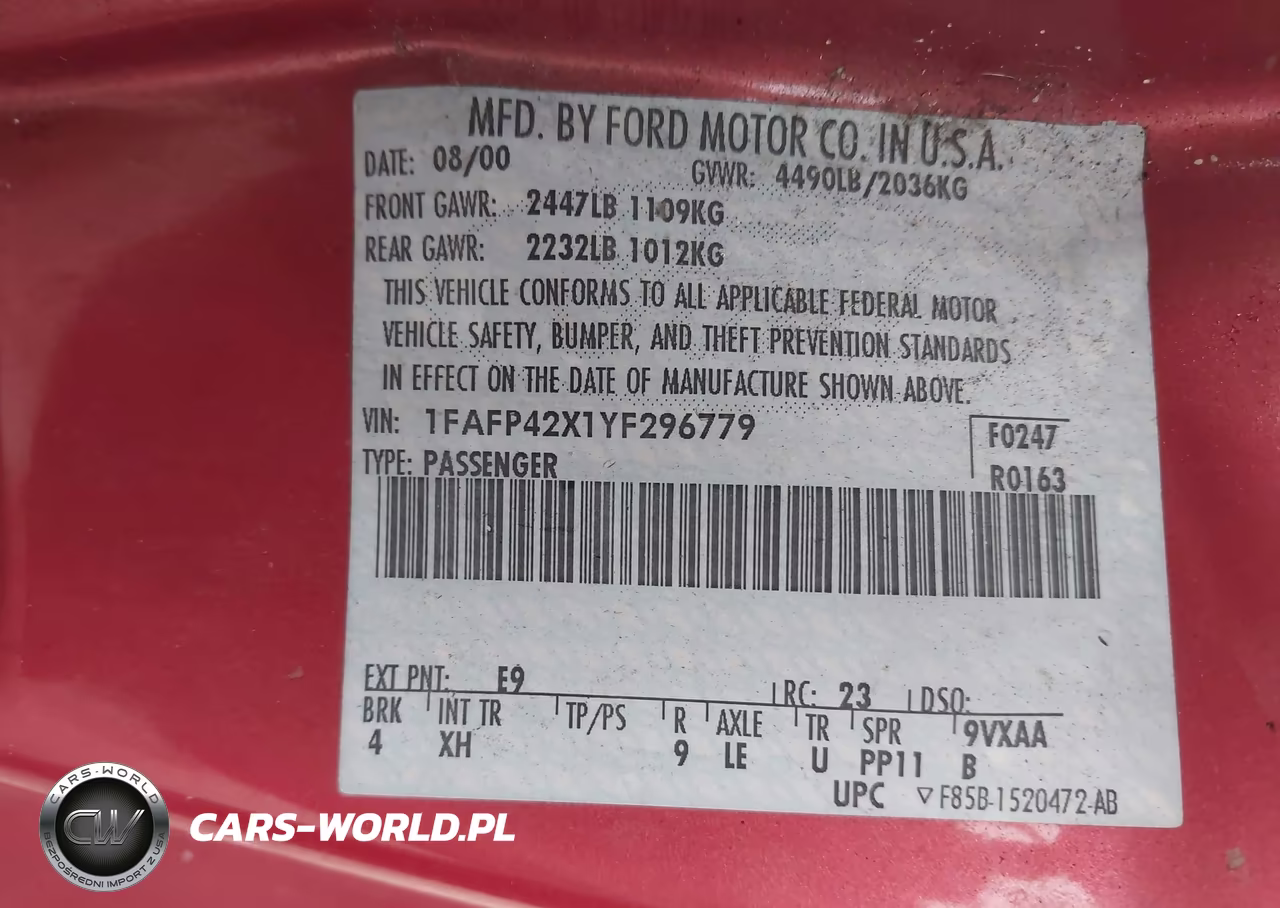 2000 Ford Mustang Gt VIN:1FAFP42X1YF296779 - 9
