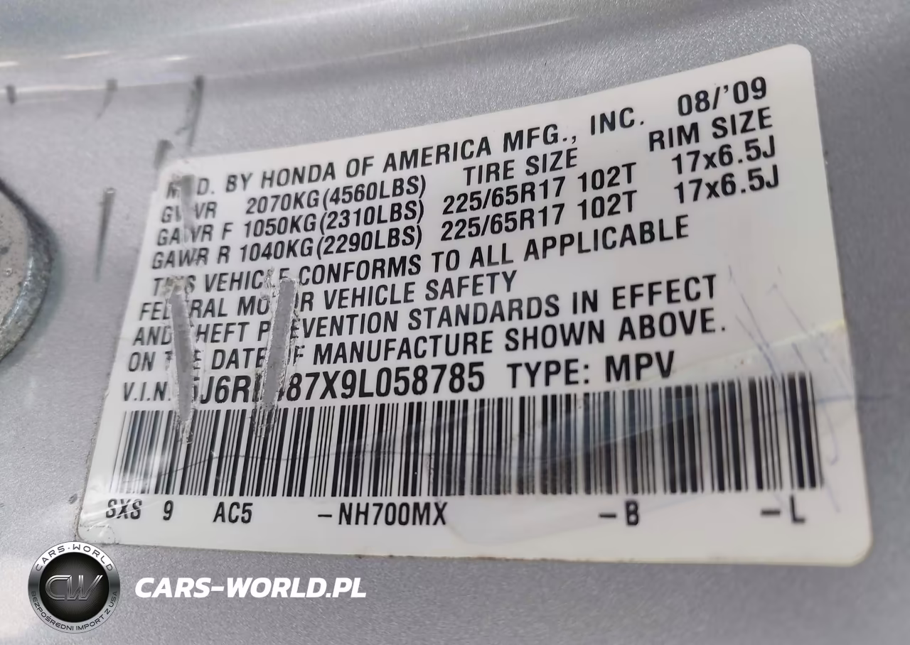 2009 Honda Cr-V Ex-L VIN:5J6RE487X9L058785 - 9