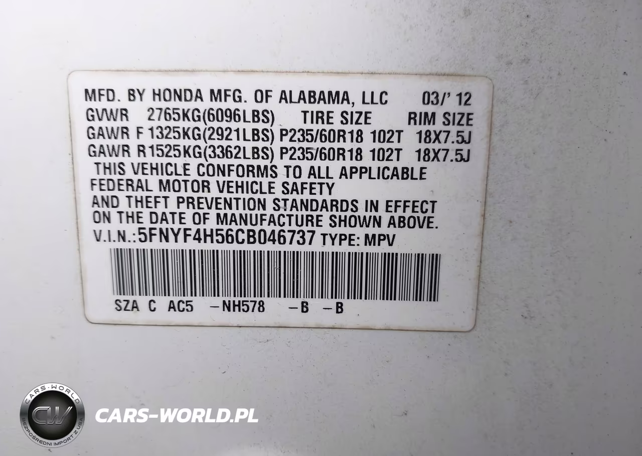 2012 Honda Pilot Ex-L VIN:5FNYF4H56CB046737 - 9