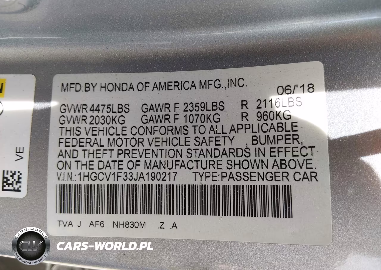 2018 Honda Accord Sport VIN:1HGCV1F33JA190217 - 9