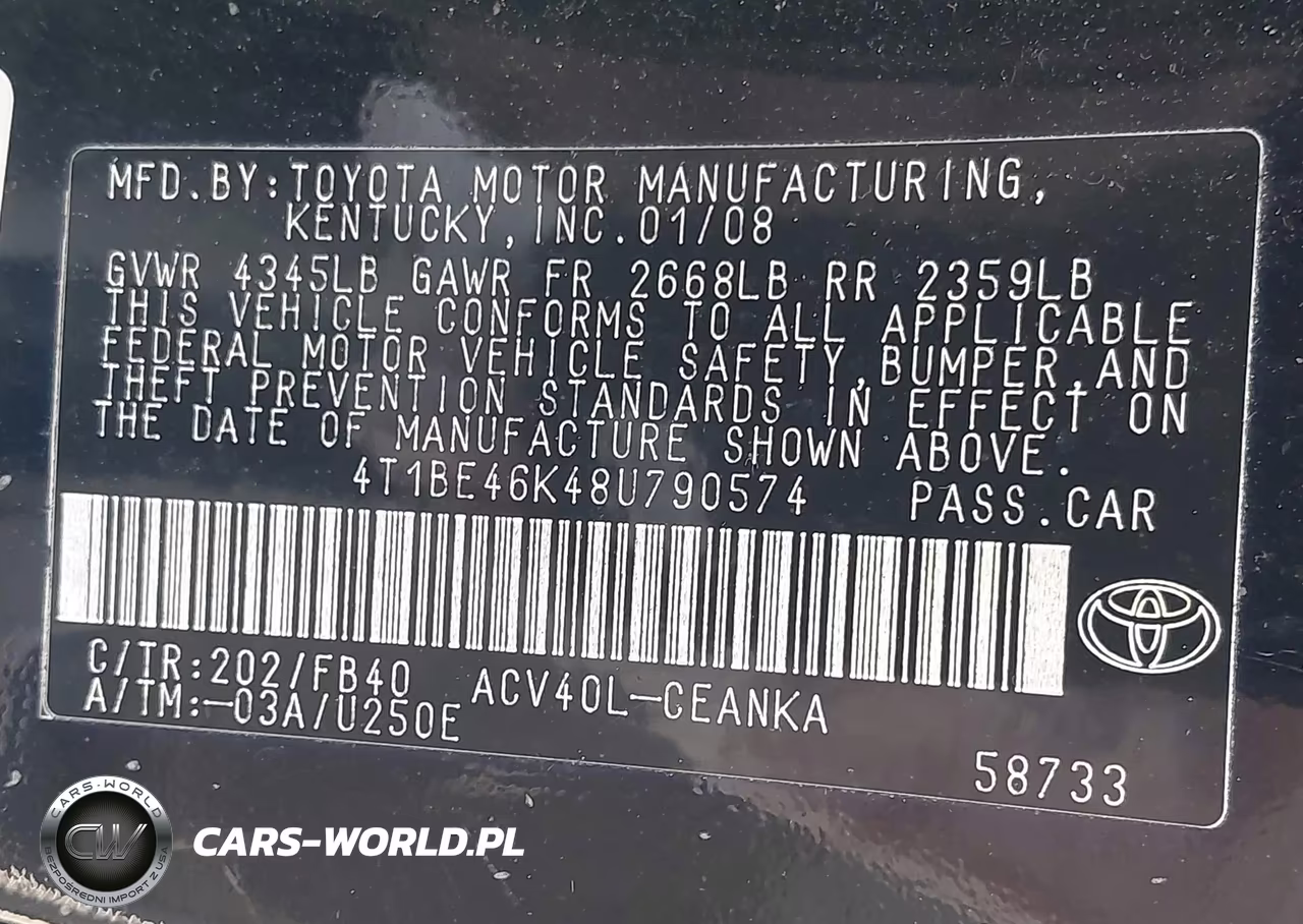 2008 Toyota Camry Le VIN:4T1BE46K48U790574 - 9