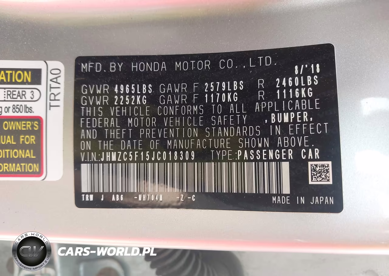 2018 Honda Clarity Plug-In Hybrid VIN:JHMZC5F15JC018309 - 9