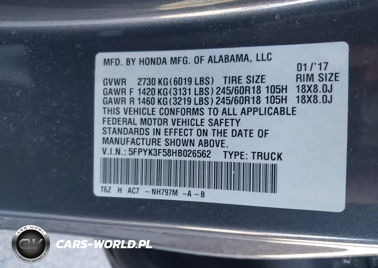 2017 Honda Ridgeline Rtl VIN:5FPYK3F58HB026562 - 9