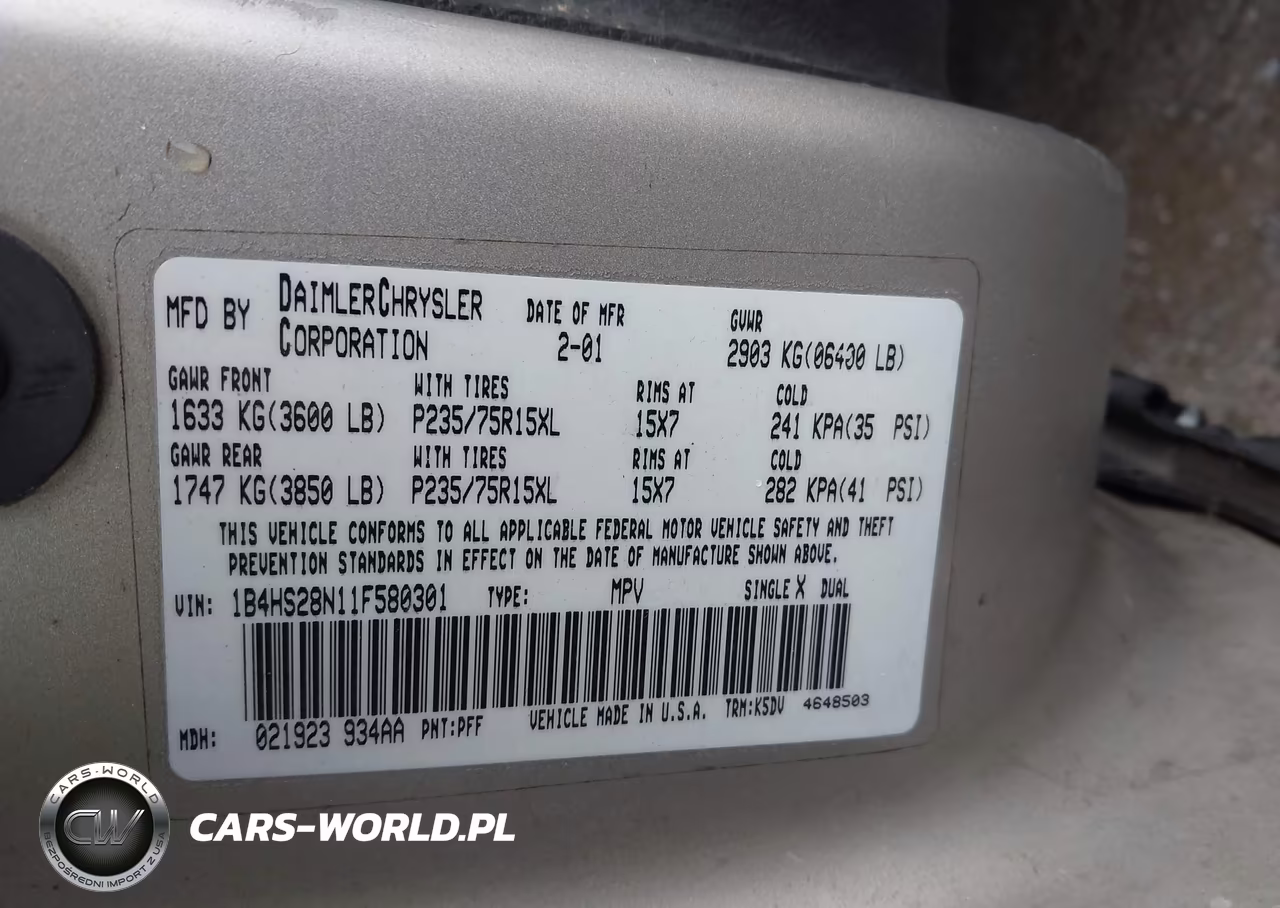 2001 Dodge Durango VIN:1B4HS28N11F580301 - 9