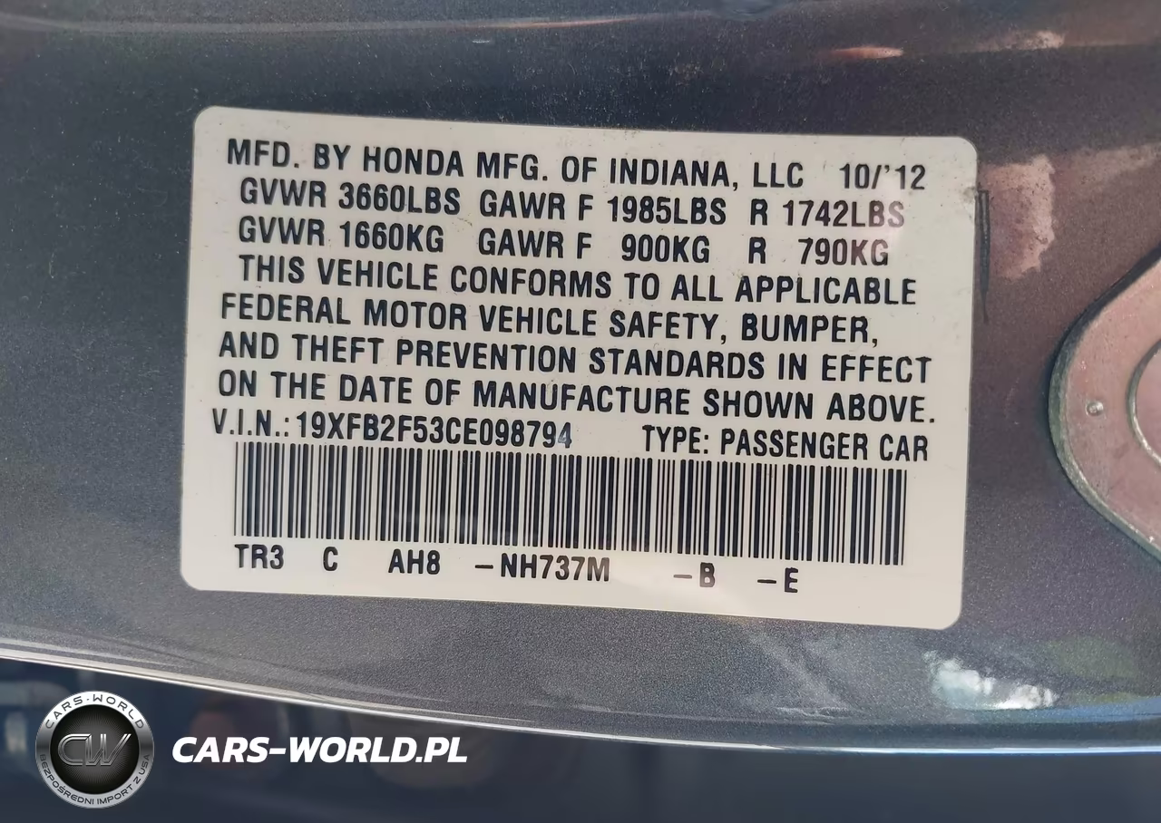 2012 Honda Civic Lx VIN:19XFB2F53CE098794 - 9