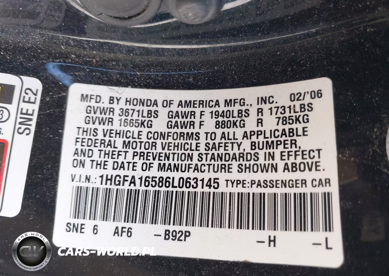 2006 Honda Civic Lx VIN:1HGFA16586L063145 - 9