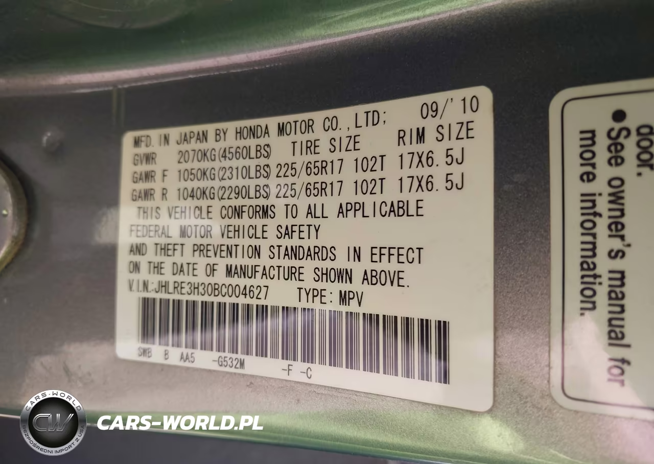 2011 Honda Cr-V Lx VIN:JHLRE3H30BC004627 - 9