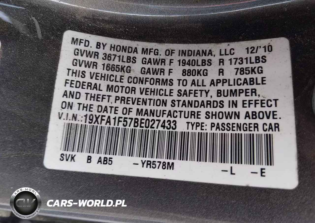 2011 Honda Civic Lx VIN:19XFA1F57BE027433 - 9