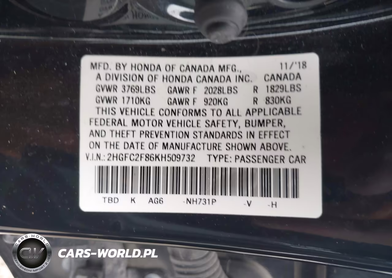 2019 Honda Civic Sport VIN:2HGFC2F86KH509732 - 9