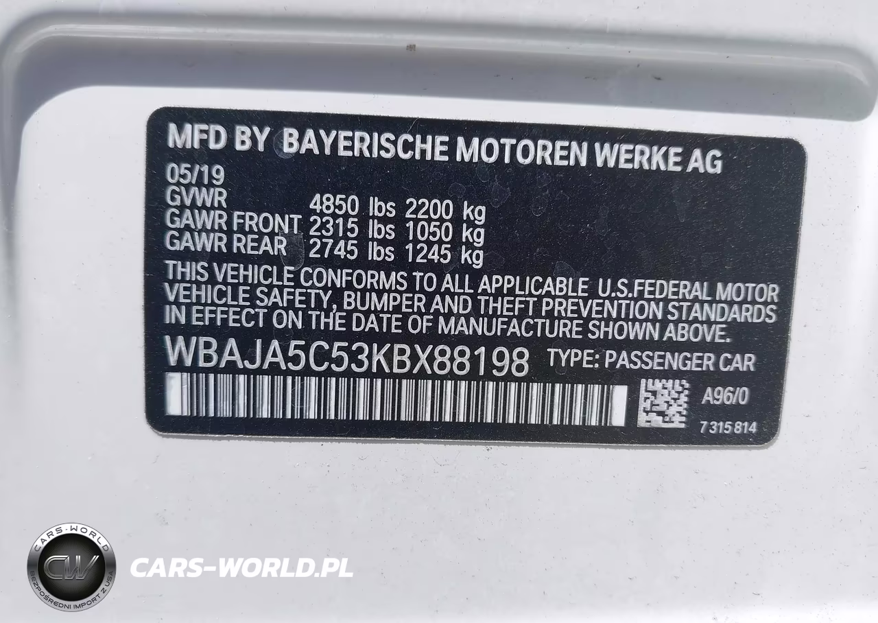 2019 BMW 530I VIN:WBAJA5C53KBX88198 - 9