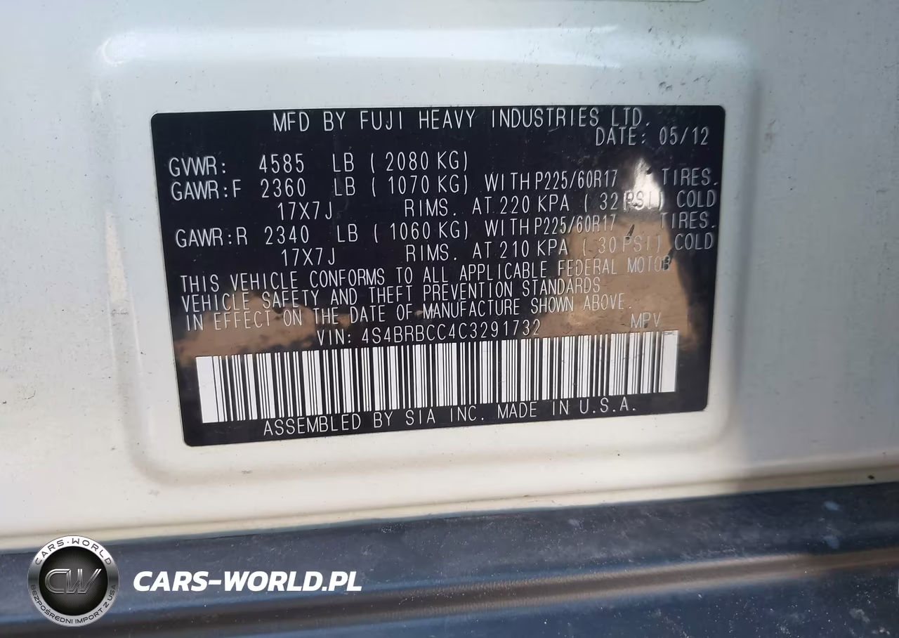 2012 Subaru Outback 2.5I Premium VIN:4S4BRBCC4C3291732 - 9