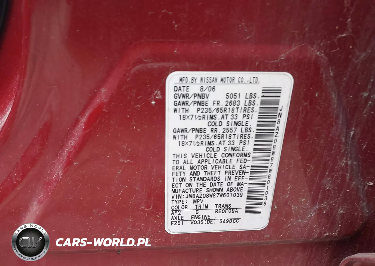 2007 Nissan Murano Sl VIN:JN8AZ08W87W601039 - 9