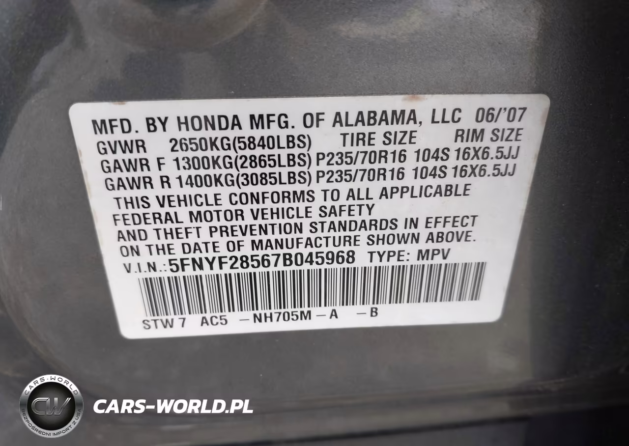 2007 Honda Pilot Ex-L VIN:5FNYF28567B045968 - 9