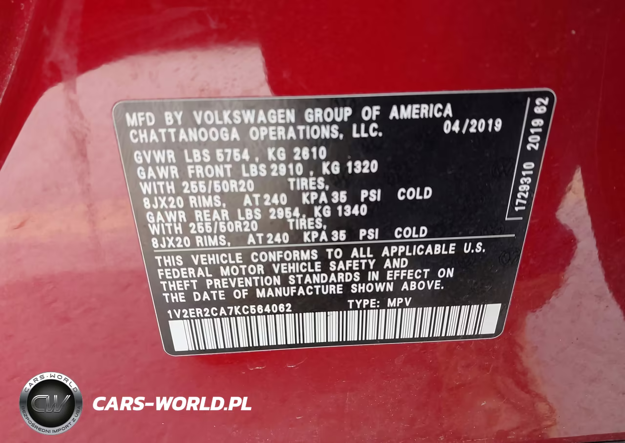 2019 Volkswagen Atlas 3.6L V6 Sel VIN:1V2ER2CA7KC564062 - 9