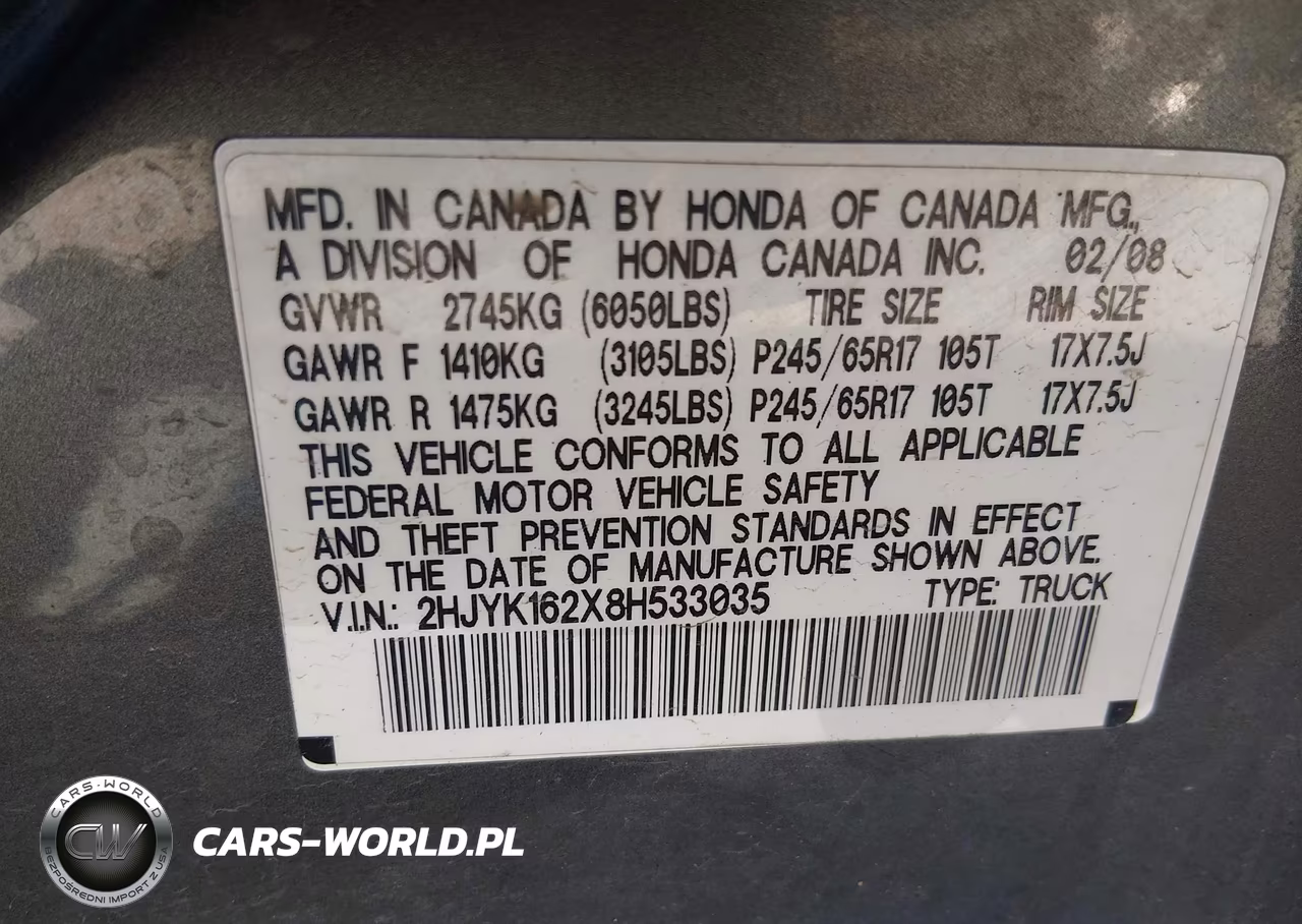 2008 Honda Ridgeline Rt VIN:2HJYK162X8H533035 - 9
