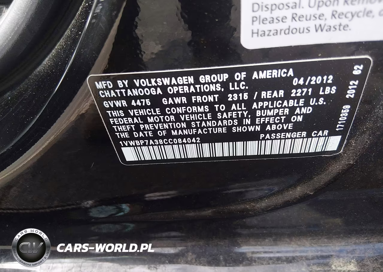 2012 Volkswagen Passat 2.5L Se VIN:1VWBP7A38CC084042 - 9