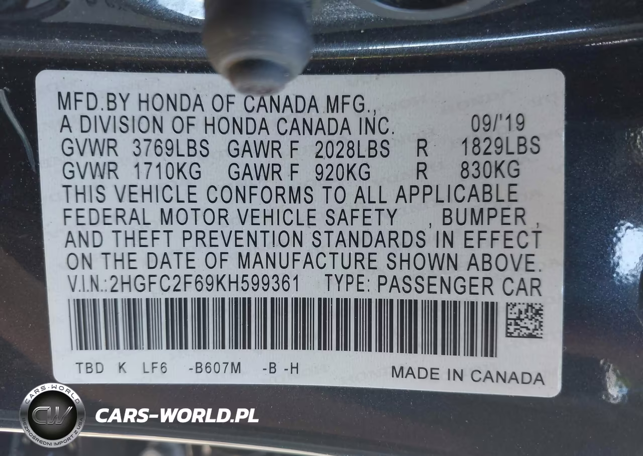 2019 Honda Civic Lx VIN:2HGFC2F69KH599361 - 9