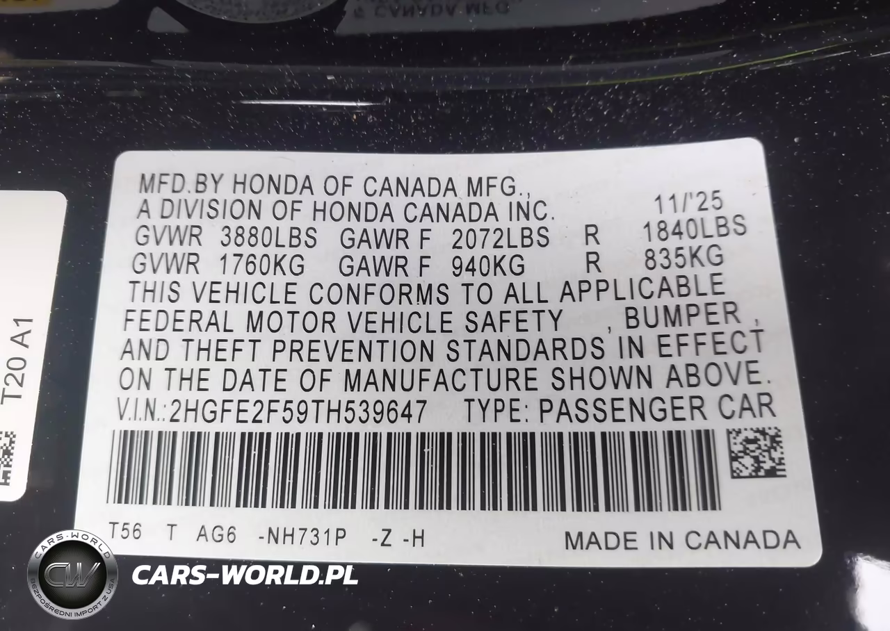 2026 Honda Civic Sport VIN:2HGFE2F59TH539647 - 9