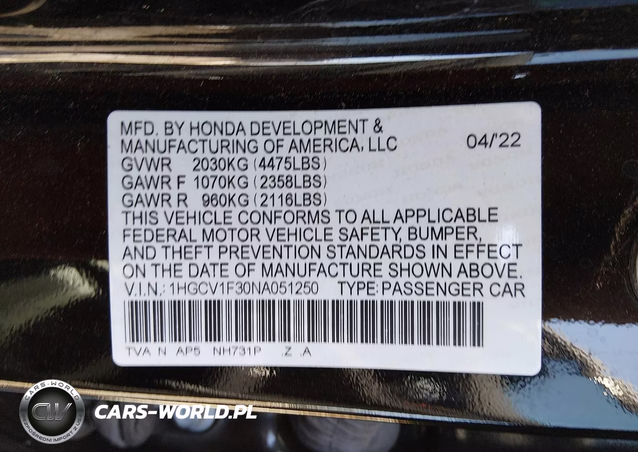 2022 Honda Accord Sport VIN:1HGCV1F30NA051250 - 9