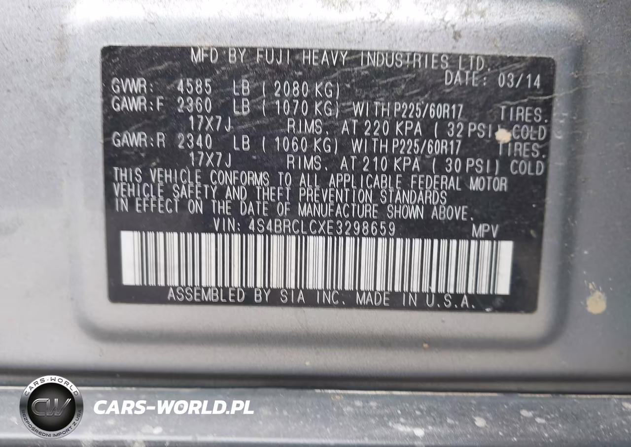2014 Subaru Outback 2.5I Limited VIN:4S4BRCLCXE3298659 - 9