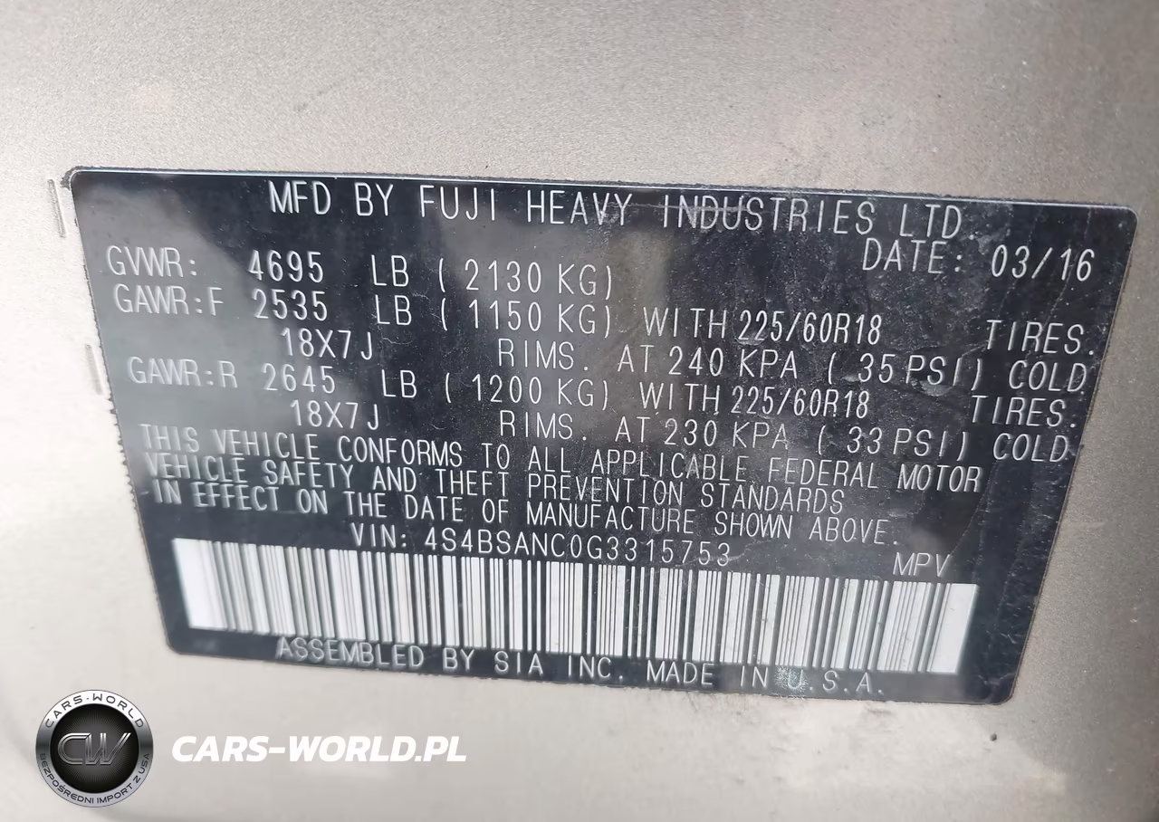 2016 Subaru Outback 2.5I Limited VIN:4S4BSANC0G3315753 - 9