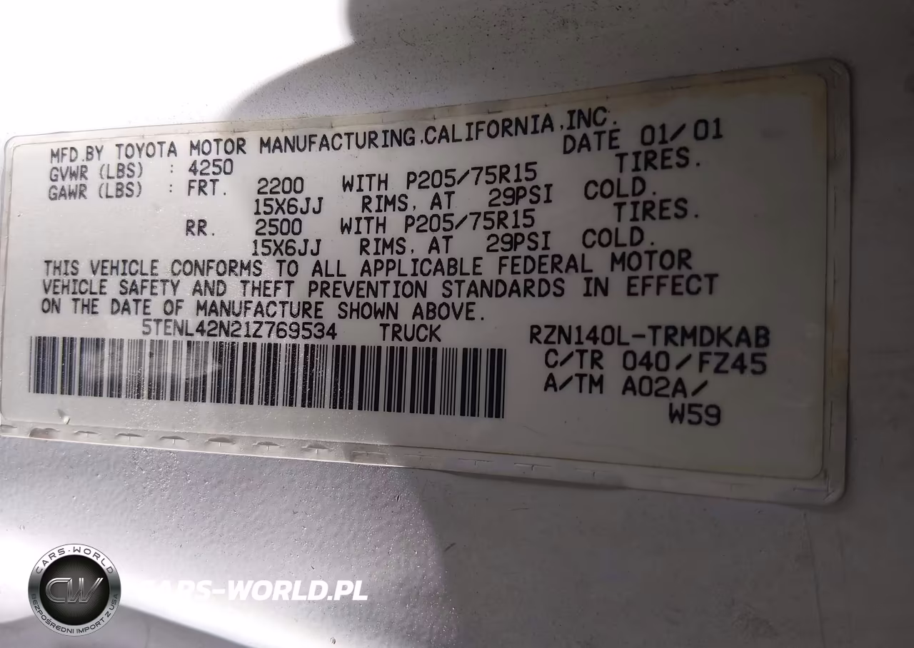2001 Toyota Tacoma VIN:5TENL42N21Z769534 - 9