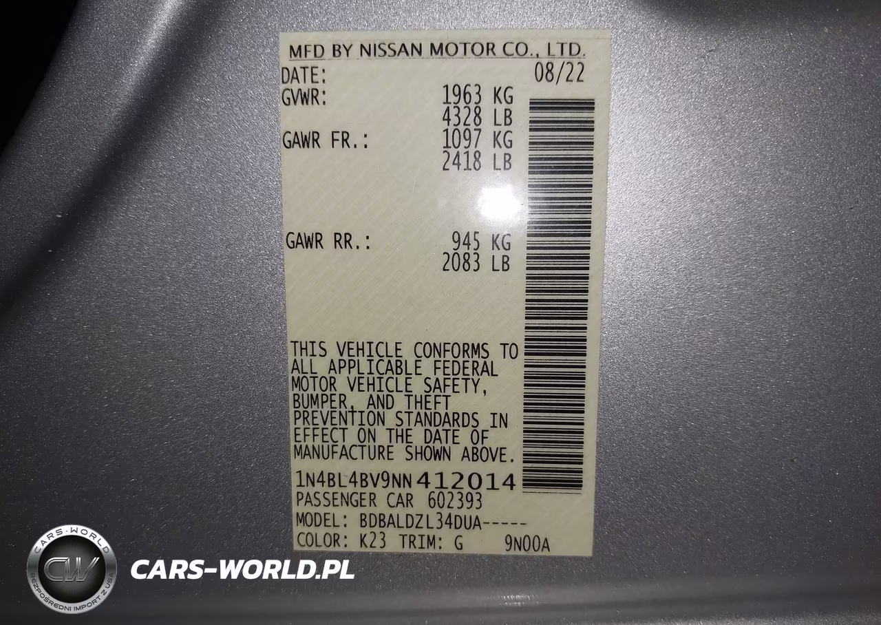 2022 Nissan Altima S Fwd VIN:1N4BL4BV9NN412014 - 9