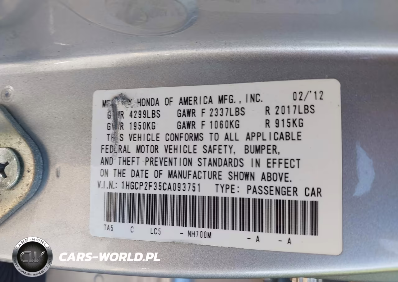 2012 Honda Accord 2.4 Lx VIN:1HGCP2F35CA093751 - 9