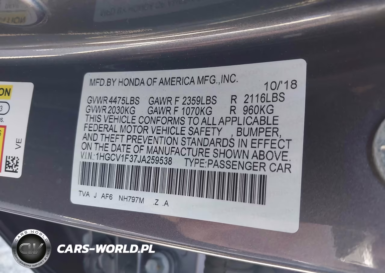 2018 Honda Accord Sport VIN:1HGCV1F37JA259538 - 9