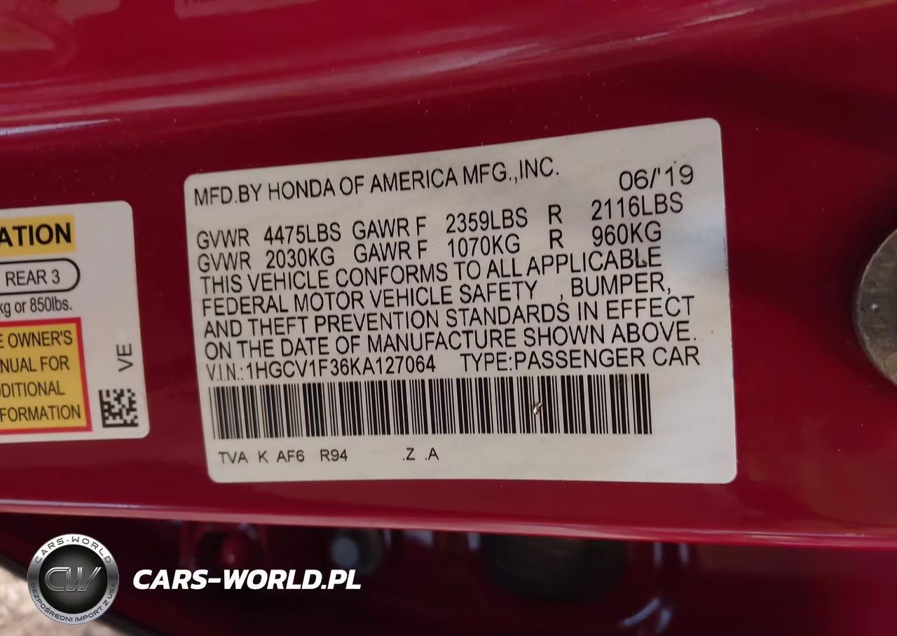 2019 Honda Accord Sport VIN:1HGCV1F36KA127064 - 9