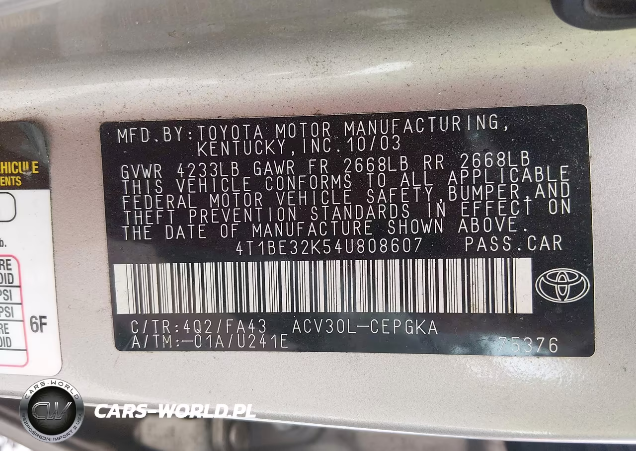 2004 Toyota Camry Xle VIN:4T1BE32K54U808607 - 9