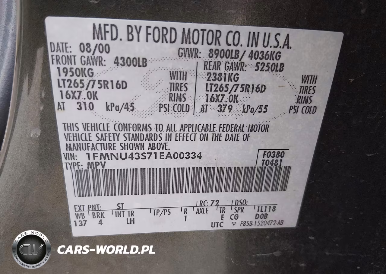 2001 Ford Excursion Limited VIN:1FMNU43S71EA00334 - 9