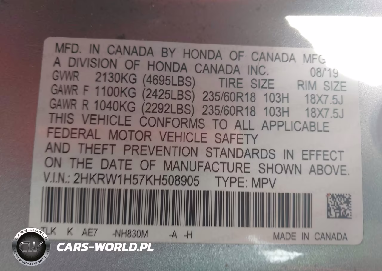 2019 Honda Cr-V Ex VIN:2HKRW1H57KH508905 - 9
