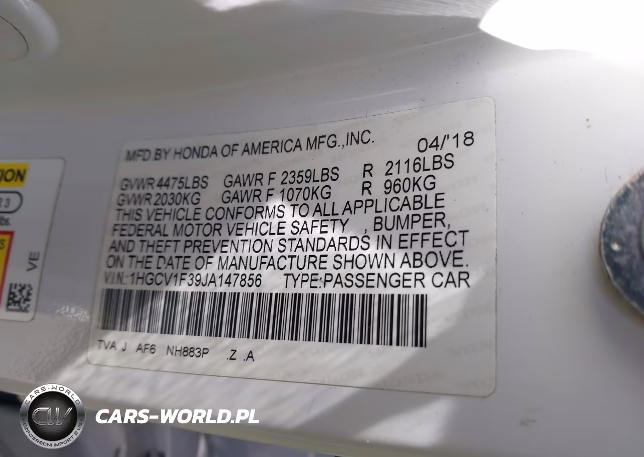 2018 Honda Accord Sport VIN:1HGCV1F39JA147856 - 9