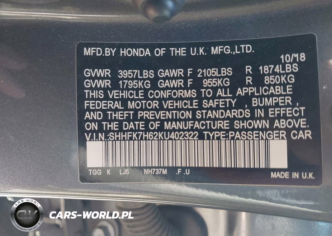 2019 Honda Civic Ex VIN:SHHFK7H62KU402322 - 9