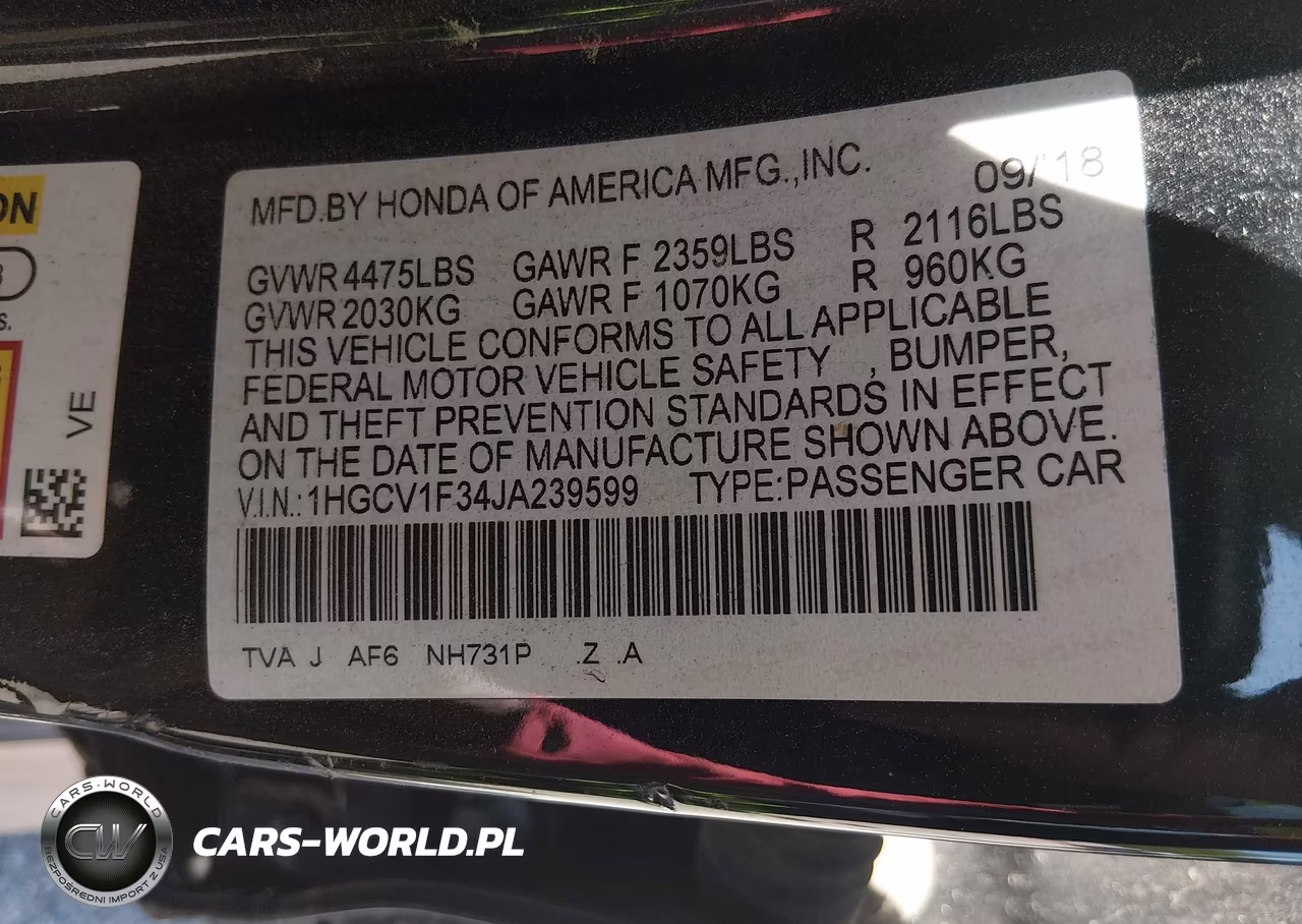 2018 Honda Accord Sport VIN:1HGCV1F34JA239599 - 9