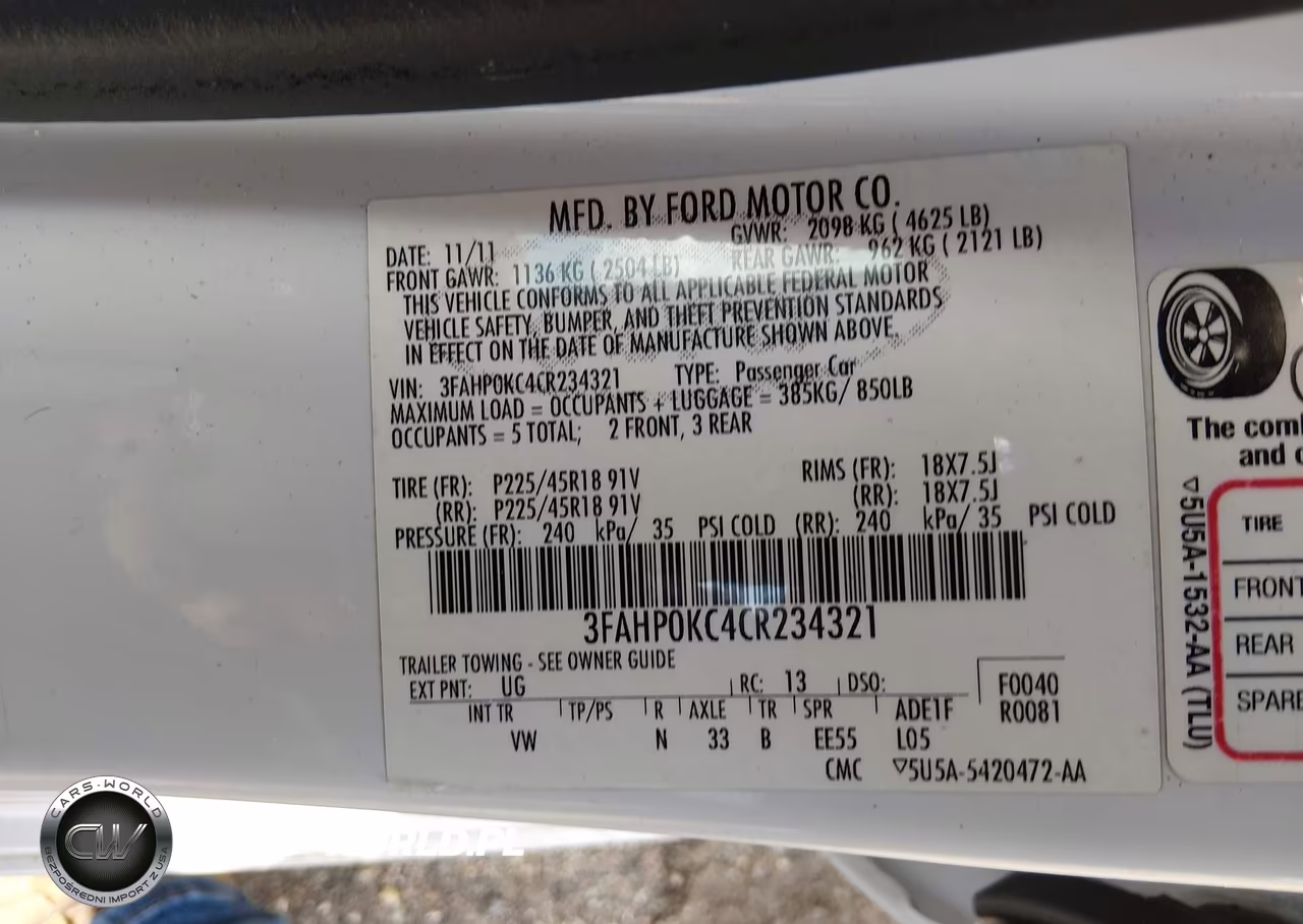 2012 Ford Fusion Sport VIN:3FAHP0KC4CR234321 - 9