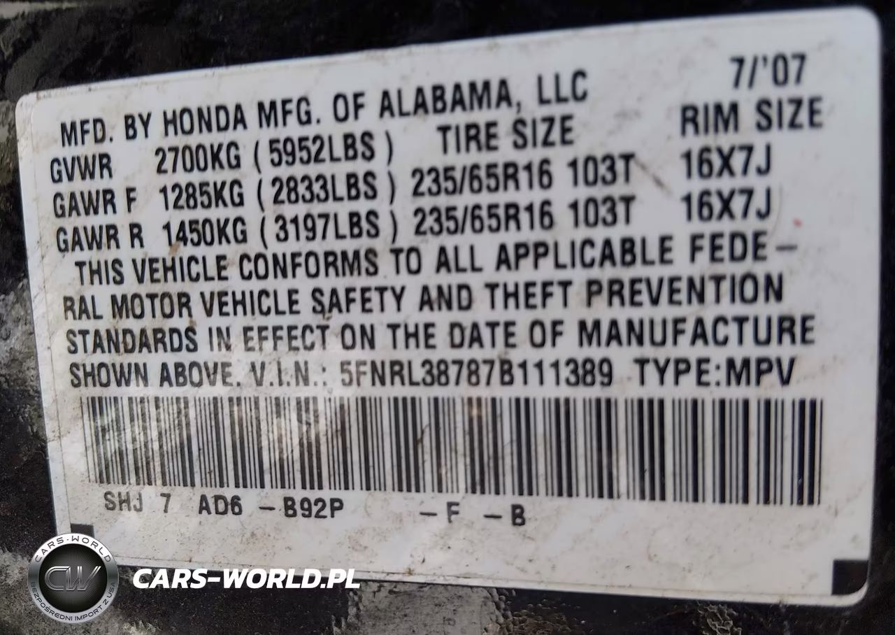 2007 Honda Odyssey Ex-L VIN:5FNRL38787B111389 - 9