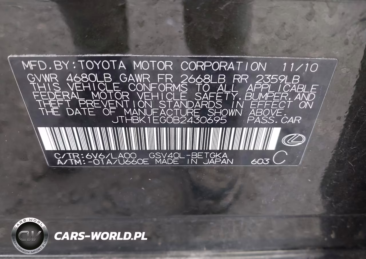 2011 Lexus Es 350 VIN:JTHBK1EG0B2430695 - 9