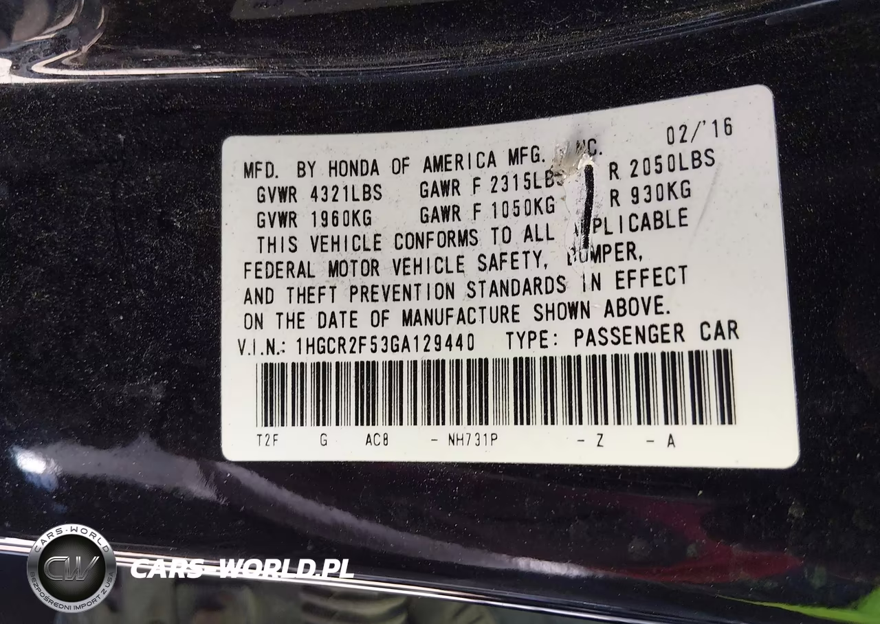 2016 Honda Accord Sport VIN:1HGCR2F53GA129440 - 9