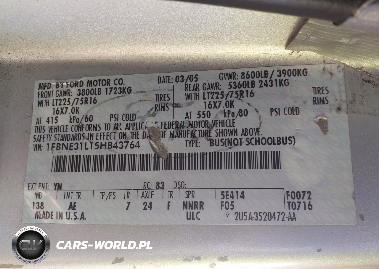 2005 Ford E-350 Super Duty VIN:1FBNE31L15HB43764 - 9