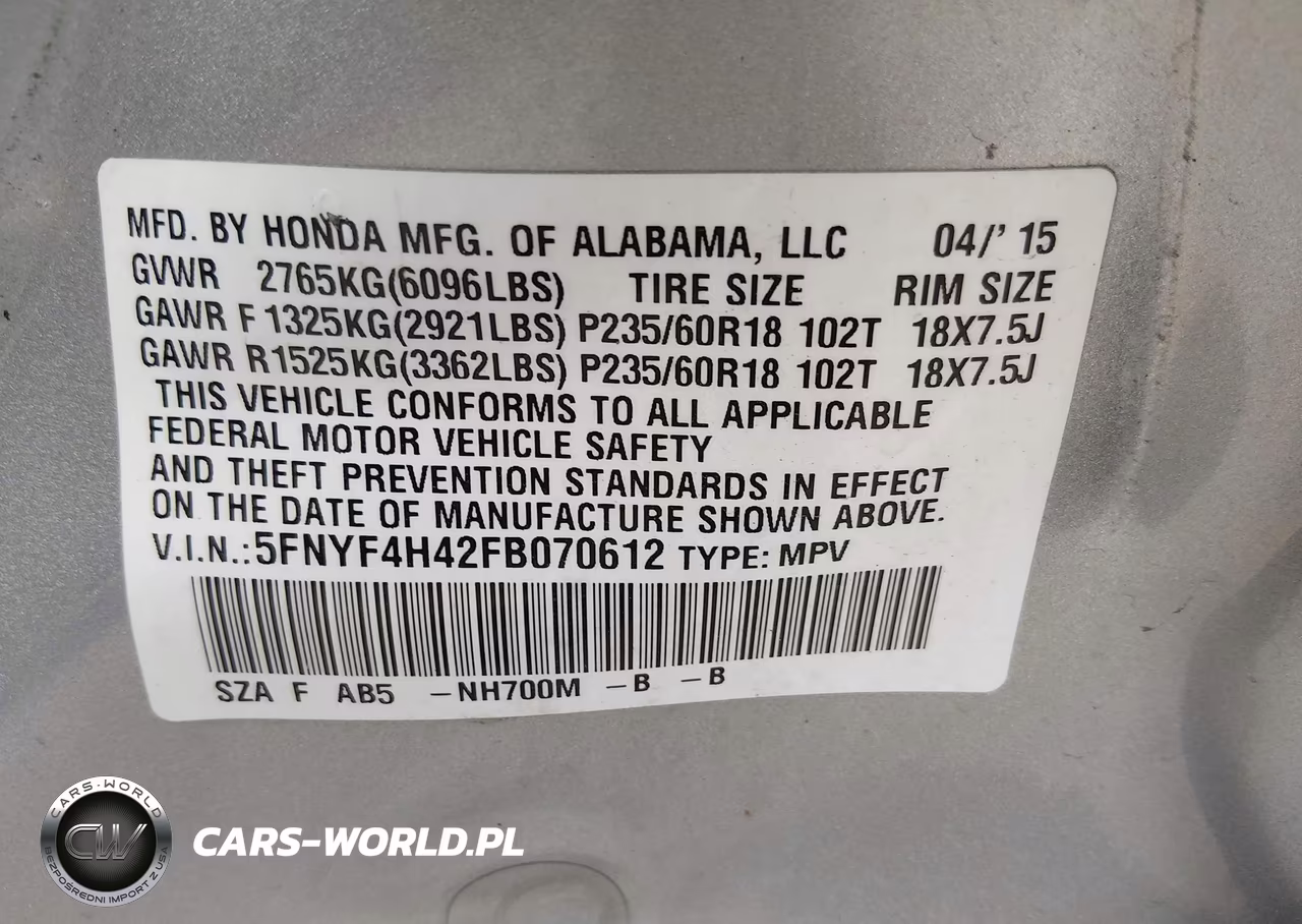 2015 Honda Pilot Ex VIN:5FNYF4H42FB070612 - 9